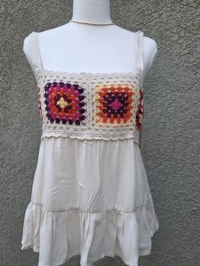 NEW SO Cream Top with Multicolor Crochet Front